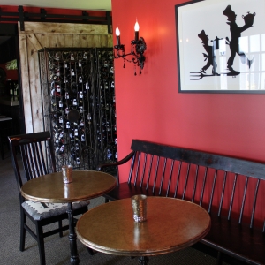 bar dining area with red wall